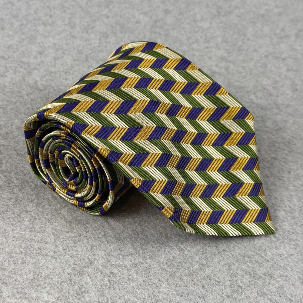 Vintage Garrick Anderson Silk Tie Purple Gold Green Herringbone USA 58x4"